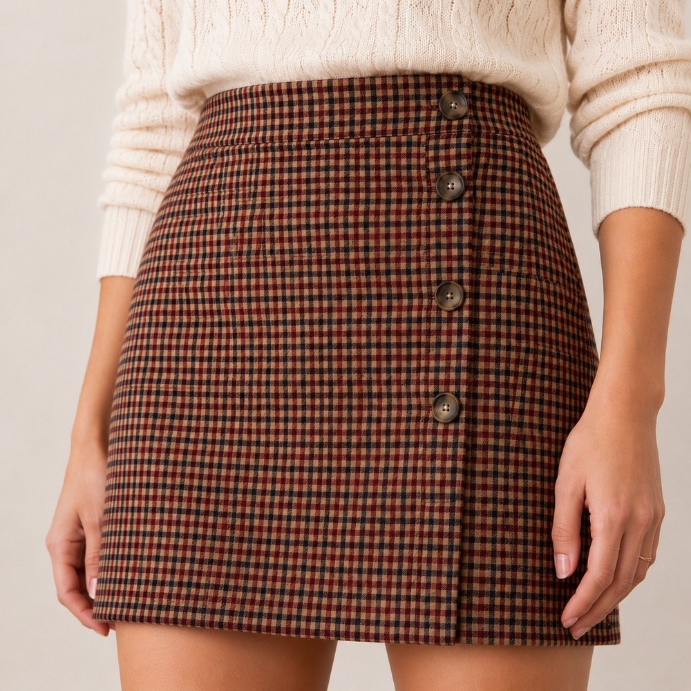 LOFT Brown & Black Plaid Mini Skirt with Side Buttons